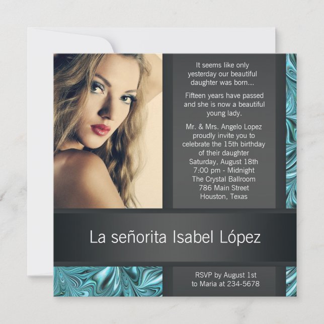 Elegant Black and Teal Blue Photo Quinceanera Invitation (Front)