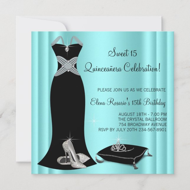 Elegant Black and Teal Blue Quinceanera Invitation (Front)