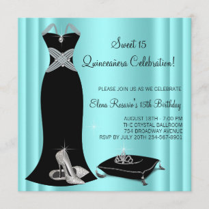 Elegant Black and Teal Blue Quinceanera Invitation
