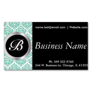 Elegant Black and Teal Damask Magnetic Business Card