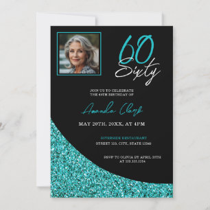 Elegant Black and Teal Glitter 60th Birthday Invitation