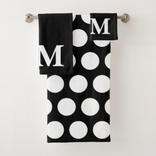 Elegant black and whit Polka dots monogram initial Bath Towel Set