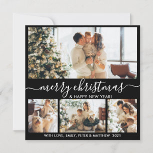 Elegant Black and White 4 Photo Collage Christmas Holiday Card