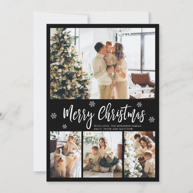 Elegant Black and White 4 Photo Collage Christmas  Holiday Card (Front)