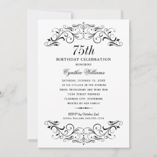 Elegant Black and White 75th Birthday Celebration Invitation