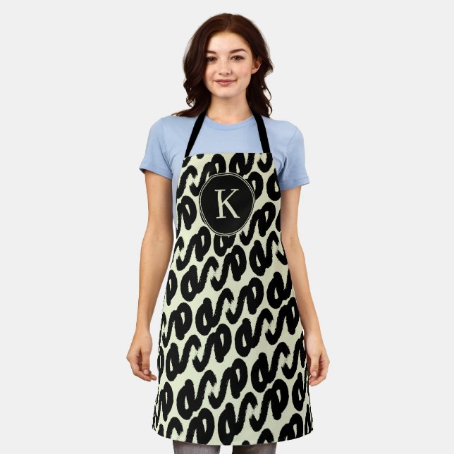 Elegant black and white abstract pattern monogram apron (Worn)