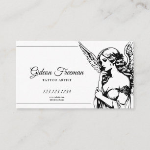 Elegant Black and White Angel Tattoo Artist Business Card