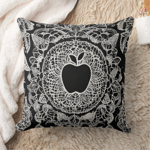 Elegant Black and White Apple Mandala Lace Cushion
