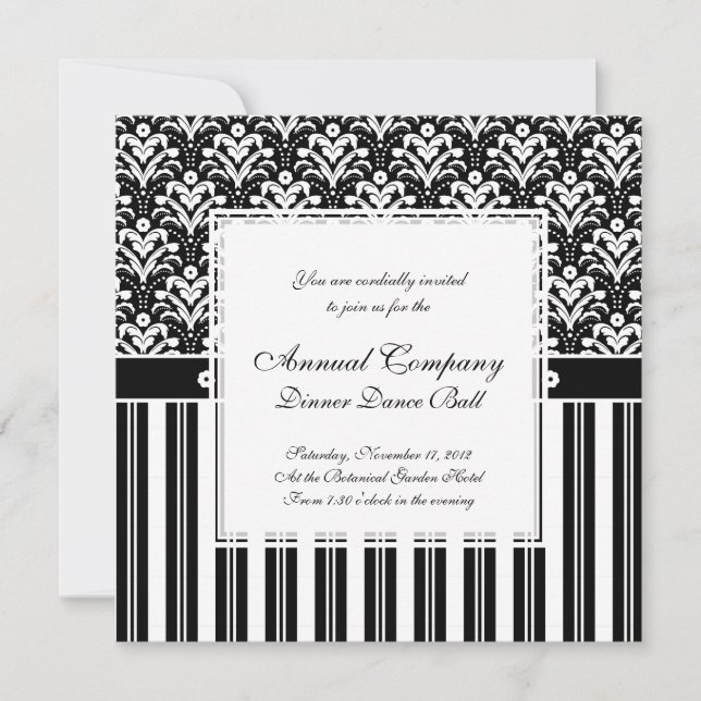 Elegant Black and White Art Deco Damask Stripes Invitation (Front)