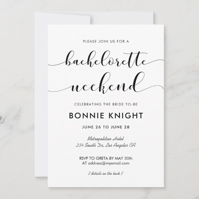 Elegant black and white Bachelorette weekend Invitation (Front)