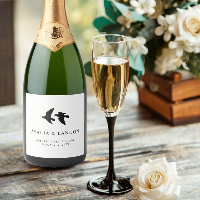 Elegant Black and White Birds of a Feather Wedding Sparkling Wine Label (Creator Uploaded)