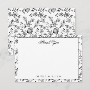 Elegant Black And White Boho Floral Thank You Card