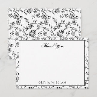 Elegant Black And White Boho Floral Thank You Card