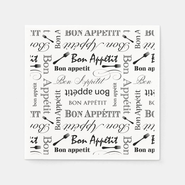 Elegant Black and White Bon Appetit French Chef Napkin (Front)