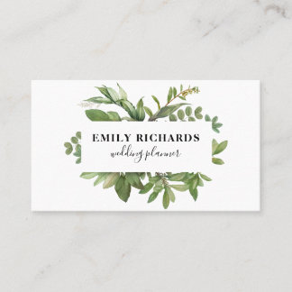 Elegant black and white botanical leaves script business card