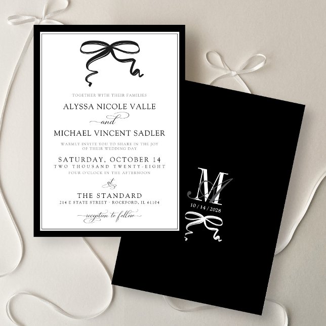 Elegant Black and White Bow Simple Modern Wedding Invitation (Elegant modern black and white bow simple calligraphy script minimalist monogram wedding invitation)