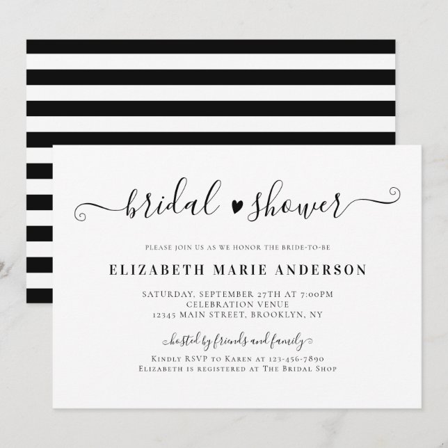 Elegant Black and White Calligraphy Bridal Shower Invitation (Front/Back)