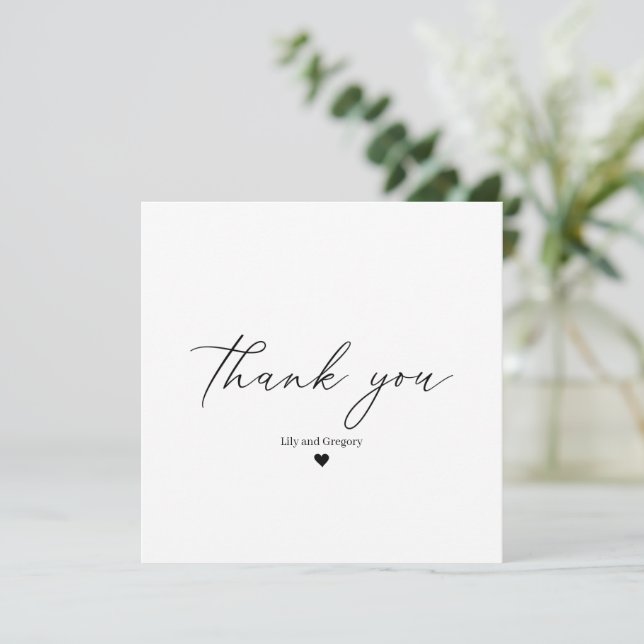 Elegant Black and White Calligraphy Script Heart Thank You Card (Standing Front)