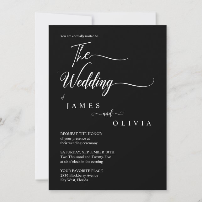 Elegant Black and White Calligraphy Wedding  Invitation (Front)