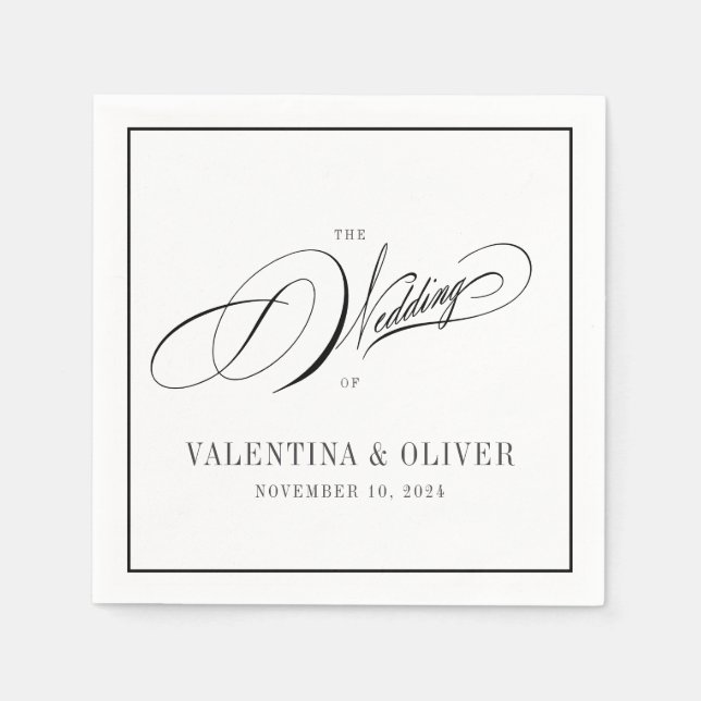 Elegant Black and White Calligraphy Wedding Napkin (Front)