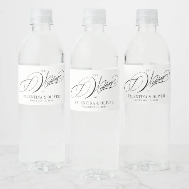 Elegant Black and White Calligraphy Wedding Water Bottle Label (Bottles)