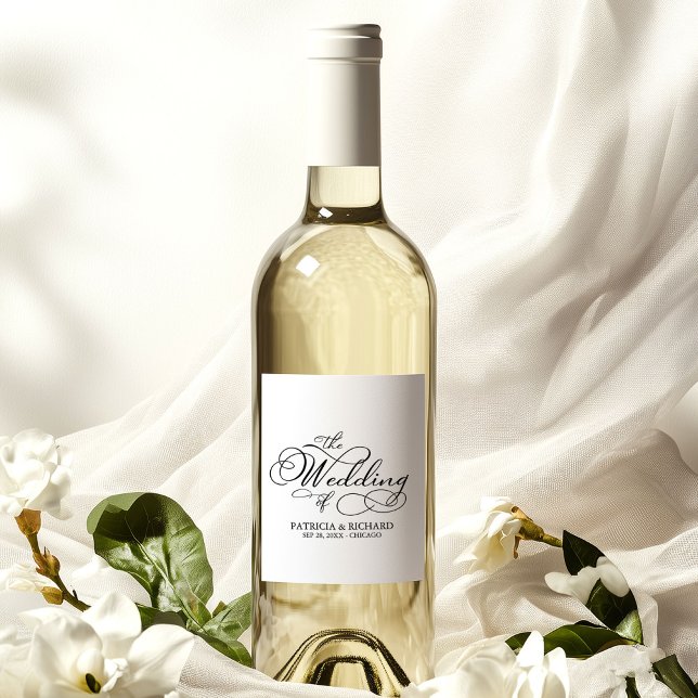 Elegant Black And White Calligraphy Wedding Wine Label (Creator Uploaded)