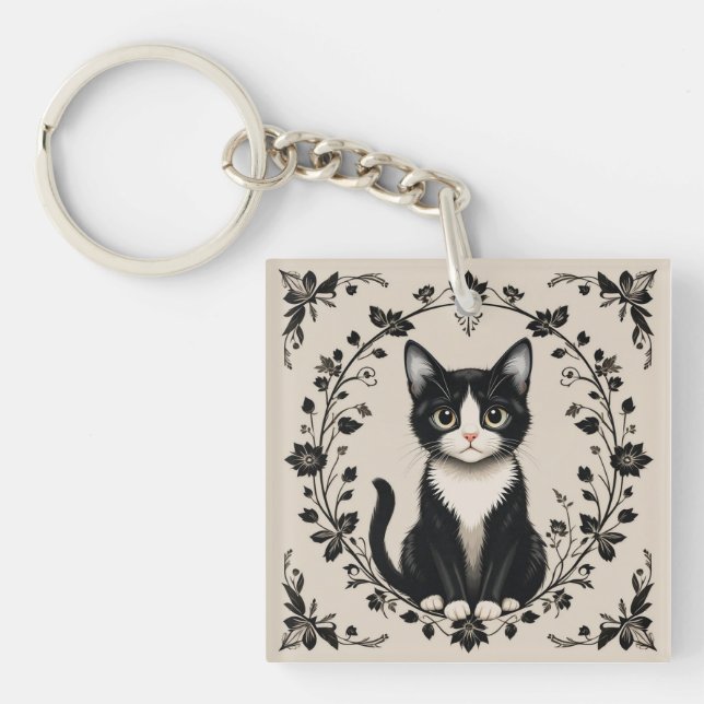 Elegant Black and White Cat Key Ring (Front)