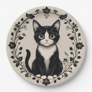 Elegant Black and White Cat Paper Plate