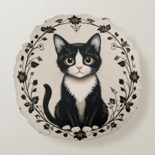 Elegant Black and White Cat Round Cushion