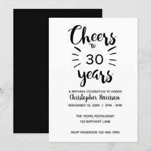 Elegant Black and White Cheers to 30 Years Invitation
