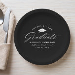 Elegant Black and White Cheers to the Graduate Paper Plate<br><div class="desc">Elegant graduation paper plates featuring a graduation cap with the phrase "Cheers to the Graduate" in a white calligraphy script on a black background. Personalise the modern graduation paper plates with the graduate's name, school name, and graduation year. The simple graduation plates are perfect to use for your high school...</div>