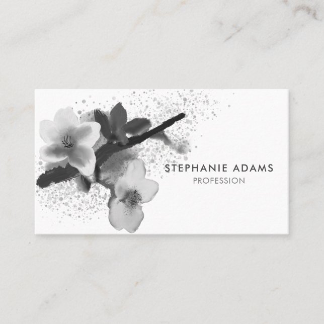 Elegant Black and White Cherry Blossom Business Card (Front)