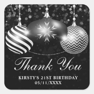 Elegant Black and White Christmas Baubles Birthday Square Sticker