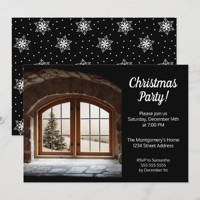 Elegant Black and White Christmas Party Invitation (Front/Back)