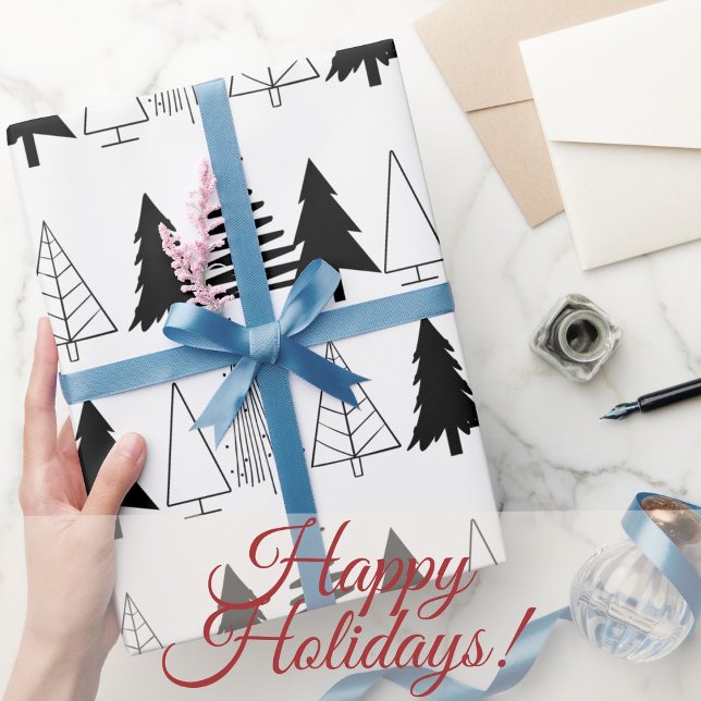 Elegant Black and White Christmas Trees  Wrapping Paper (Creator Uploaded)