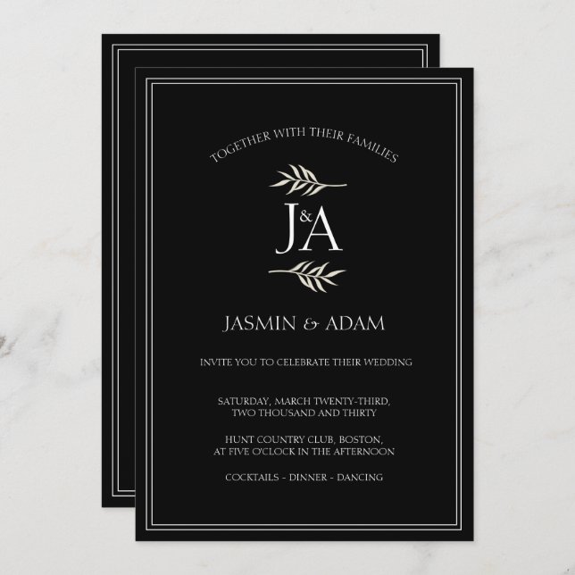 Elegant Black and White Classic Initials Wedding  Invitation (Front/Back)