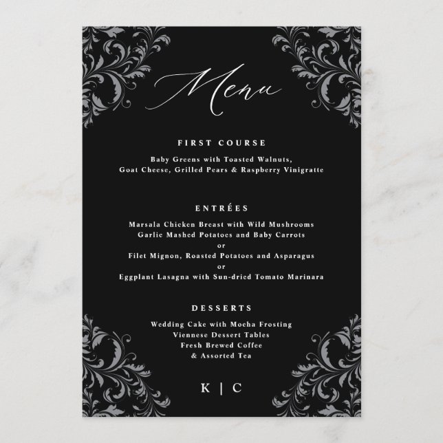 Elegant Black and White Classic Vintage Wedding Menu (Front)