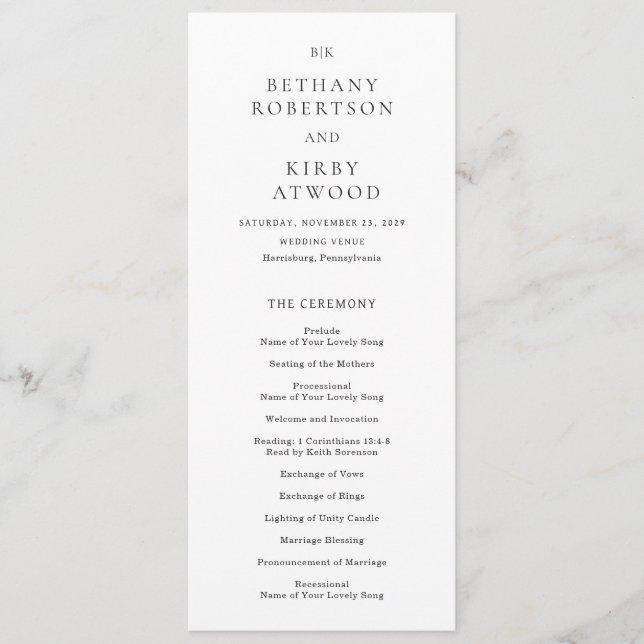 Elegant Black and White Classic Wedding Programme (Front)