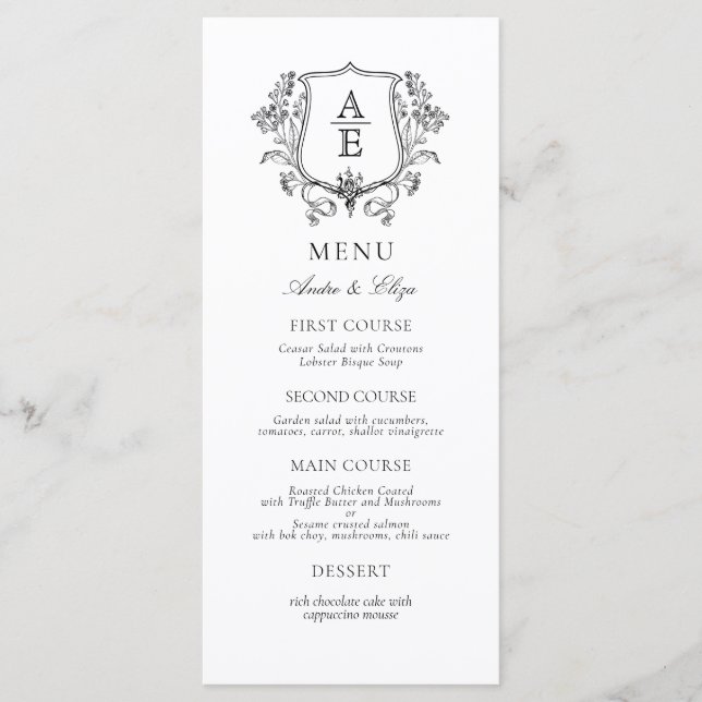 Elegant Black and White Crest Monogram  Menu (Front)