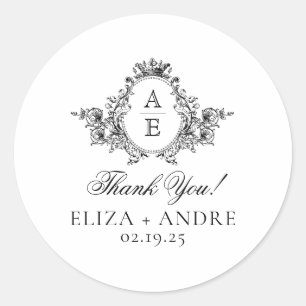 Elegant, Black and White Crest Monogram Wedding Classic Round Sticker