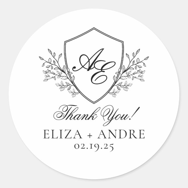 Elegant, Black and White Crest Monogram Wedding Classic Round Sticker (Front)