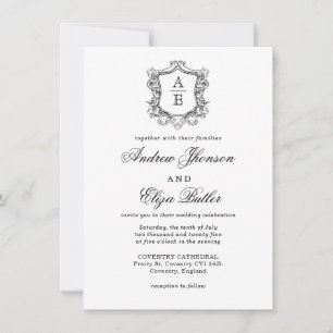 Elegant Black and White Crest Monogram Wedding Invitation