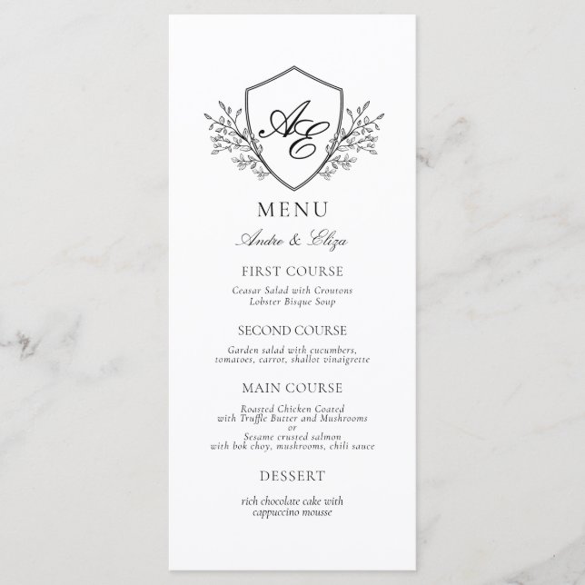 Elegant Black and White Crest Monogram Wedding Menu (Front)