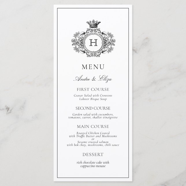 Elegant Black and White Crest Monogram Wedding  Menu (Front)