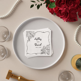 Elegant Black and White Cute Floral Doodle Wedding Napkin