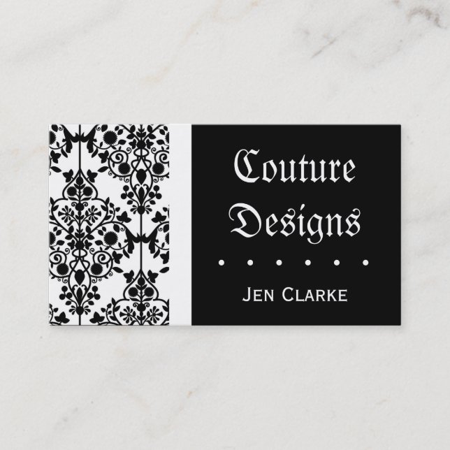Elegant Black and White Damask Business Card (Front)