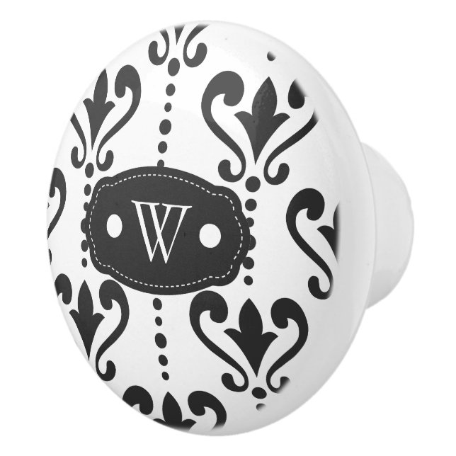 Elegant Black and White Damask Monogram Ceramic Knob (Right)