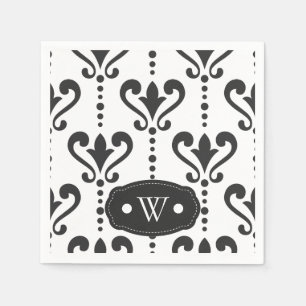 Elegant Black and White Damask Monogram Napkin