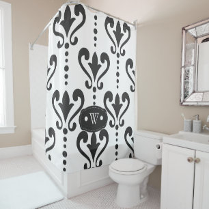 Elegant Black and White Damask Monogram Shower Curtain