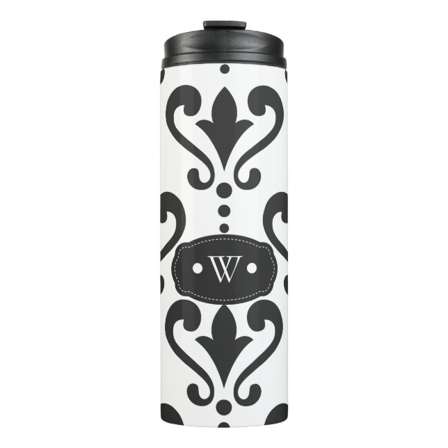 Elegant Black and White Damask Monogram Thermal Tumbler (Front)
